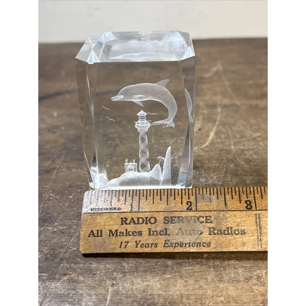Crystal Cube Lighthouse Dolphin Beach Three Dimensional. Excellent Condition.
